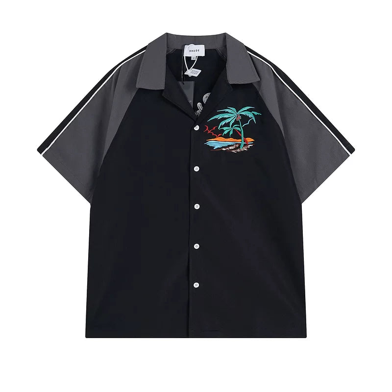Rhude Palm Beach Embroidered Color‑Block Bowling Shirt Black Grey