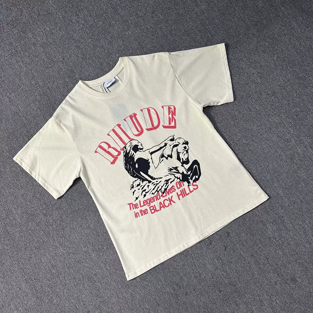 Rhude Arch Logo Black Hills Slogan Crew Neck Casual T‑Shirt
