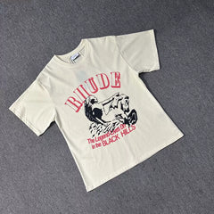 Rhude Arch Logo Black Hills Slogan Crew Neck Casual T‑Shirt
