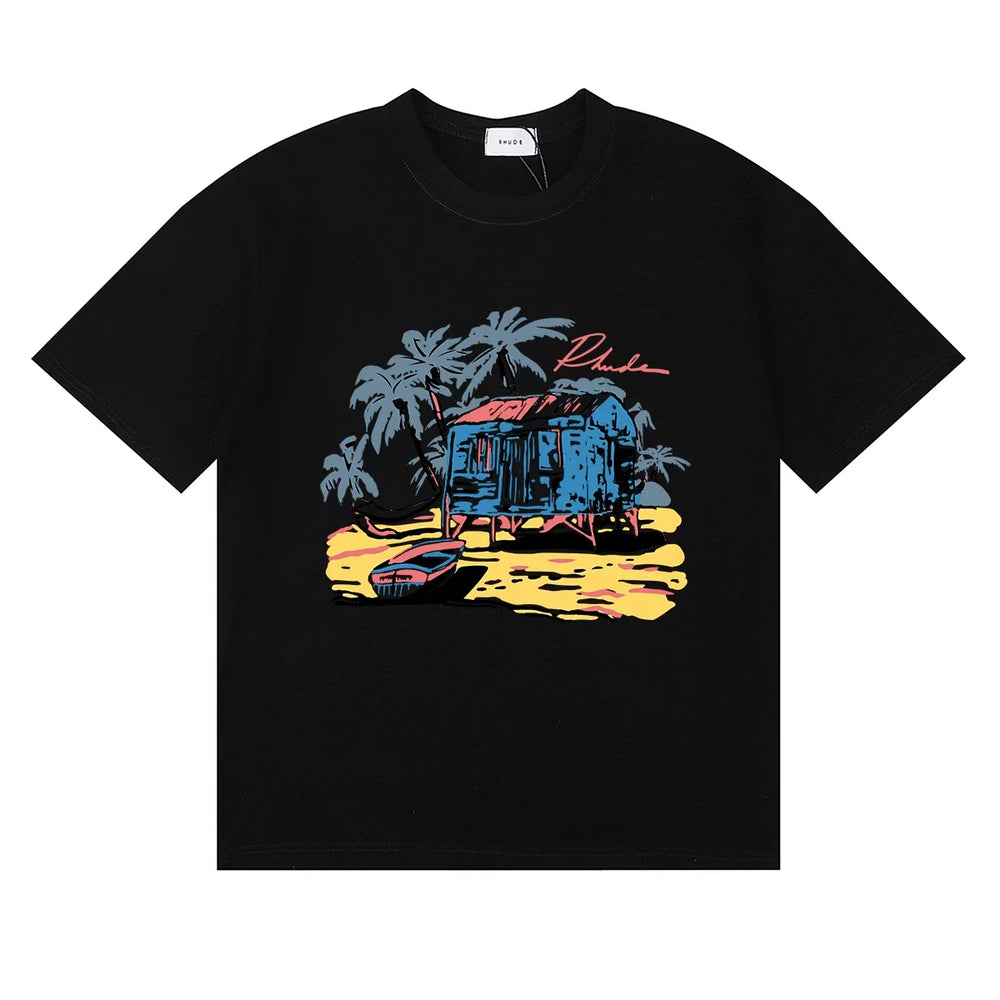 Rhude Tropical Beach Hut Palm Tree Retro Black Oversized T‑Shirt