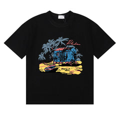 Rhude Tropical Beach Hut Palm Tree Retro Black Oversized T‑Shirt