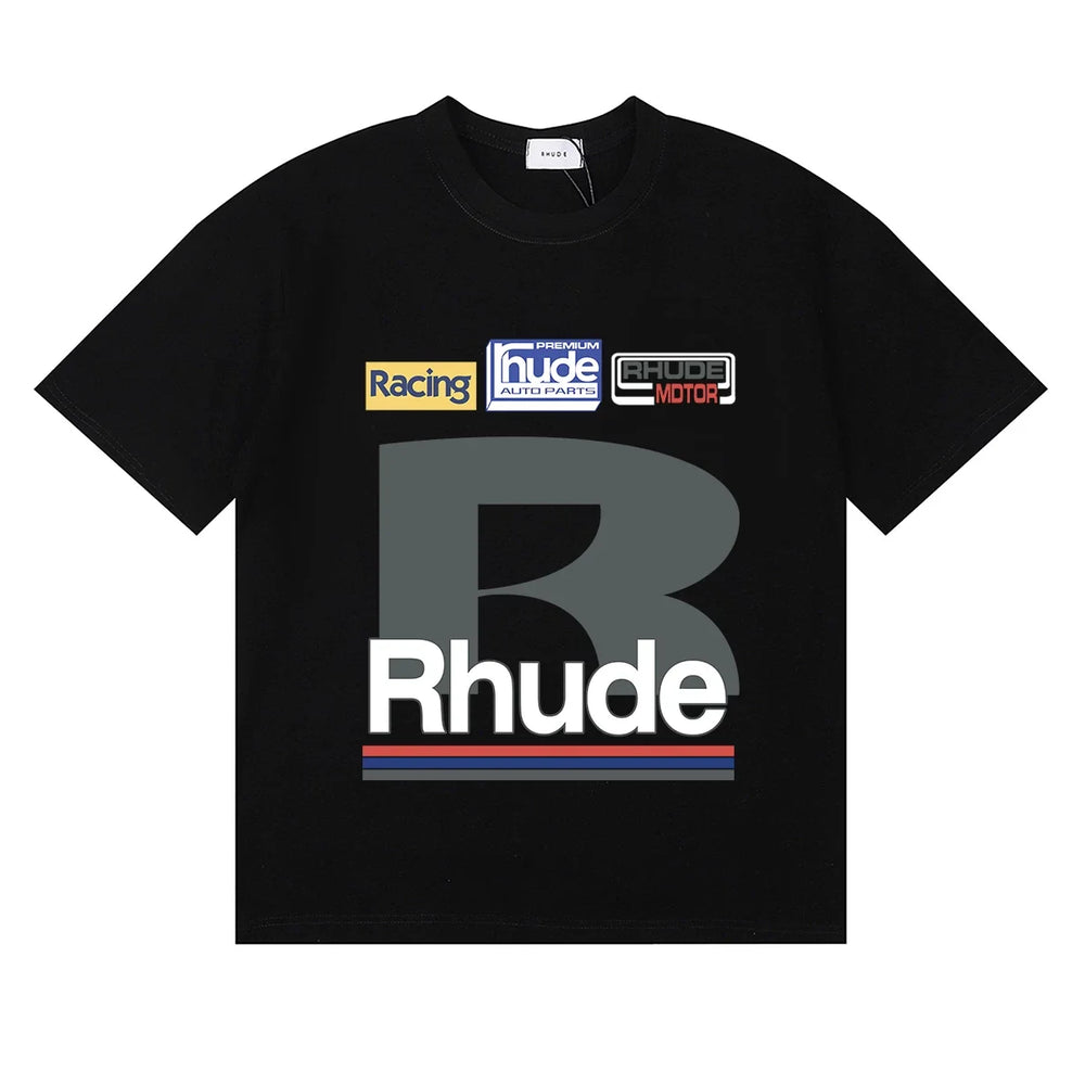 Rhude Big B Letter Racing Badge Patch‑Style Black Oversized T‑Shirt