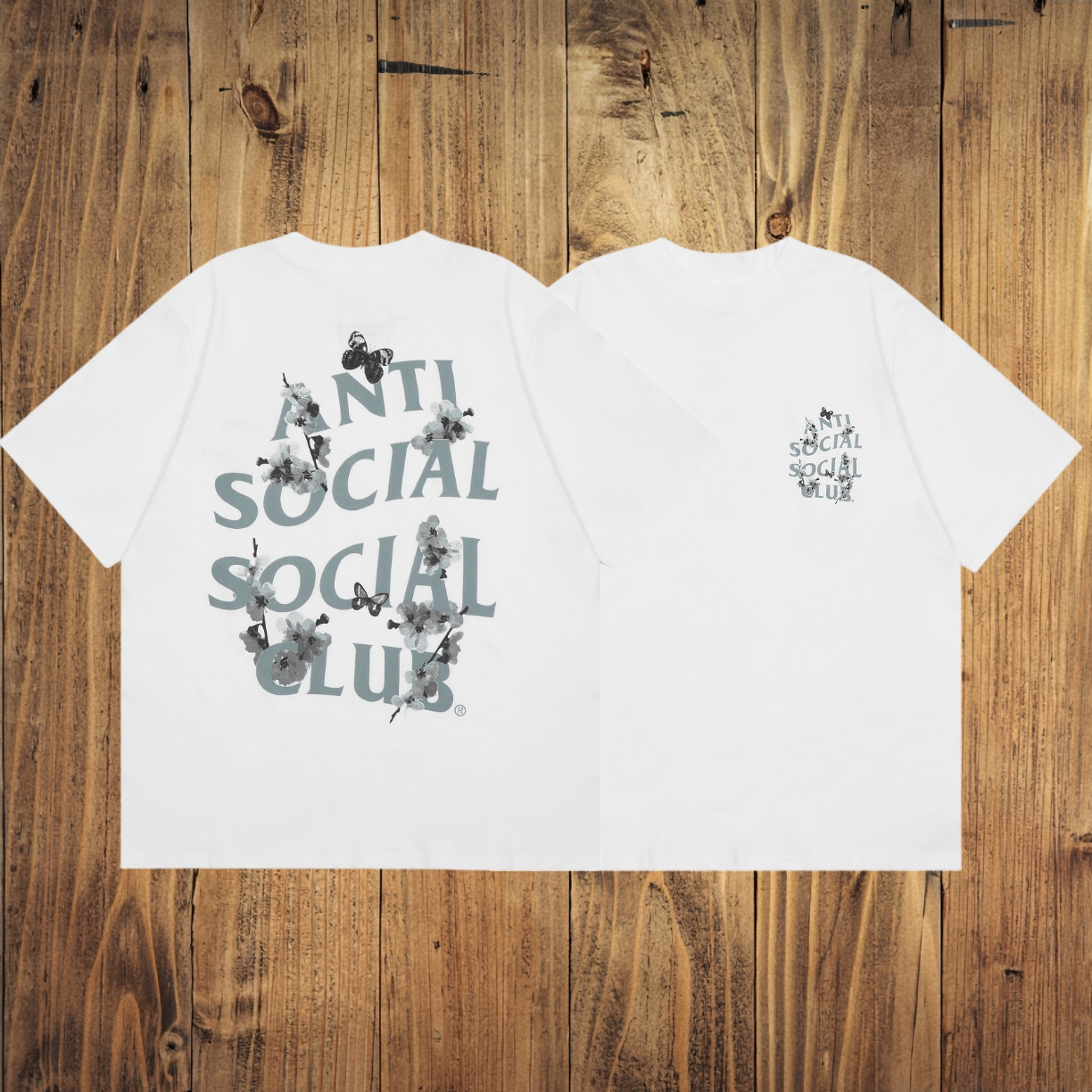 ASSC White Tee – Grey Blue Floral Print