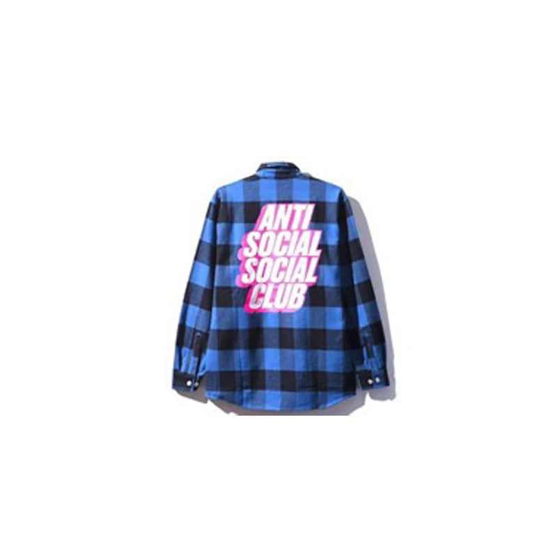 Anti Social Social Club Blue Black Plaid Pink Outline Logo Flannel Shirt