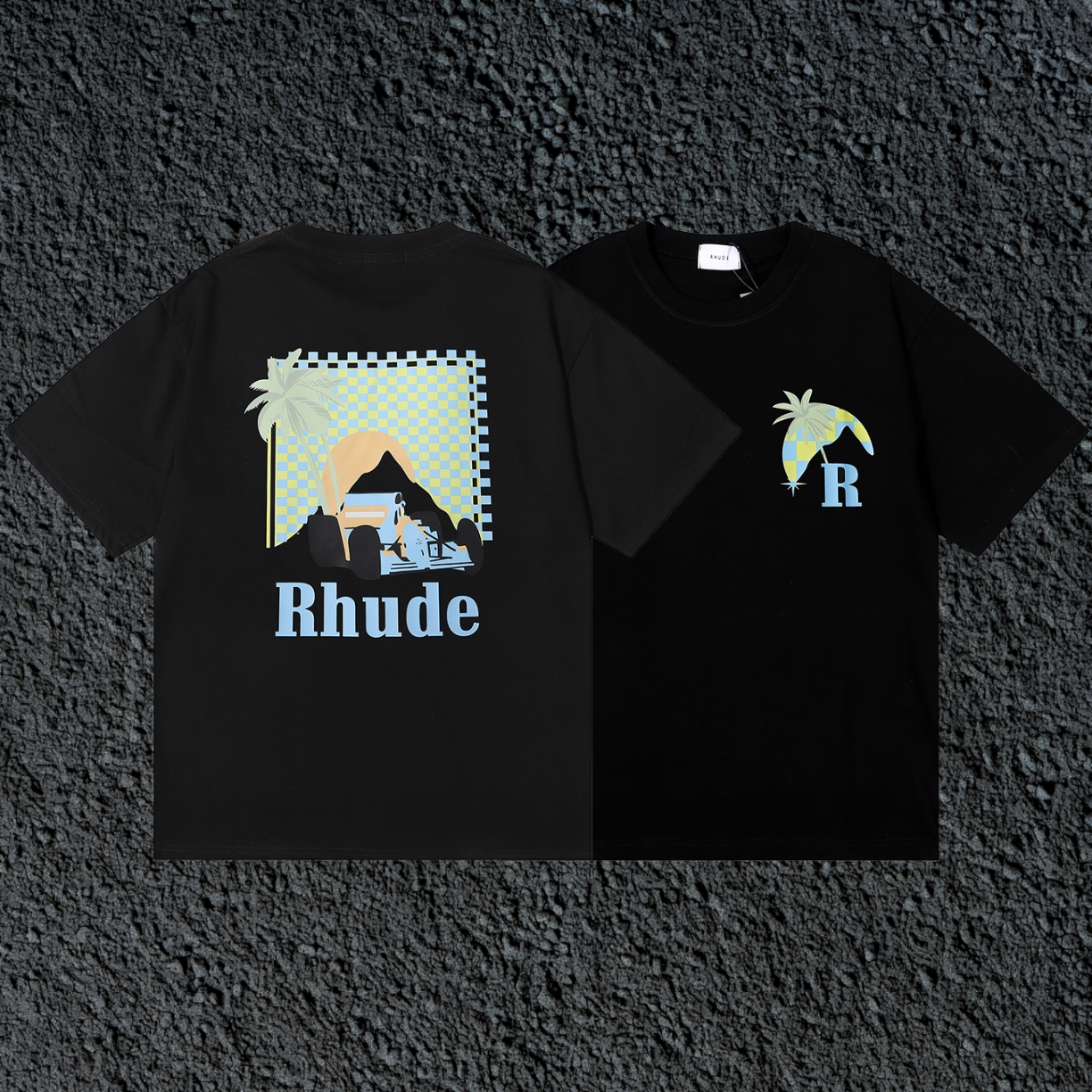 Rhude F1 Race Car Mountain Dual Sided Black Oversized T‑Shirt