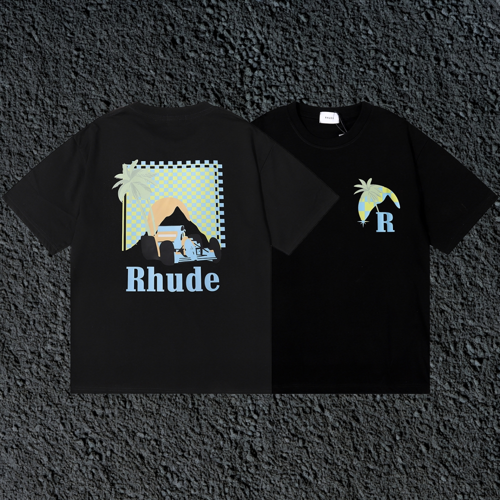 Rhude F1 Race Car Mountain Dual Sided Black Oversized T‑Shirt