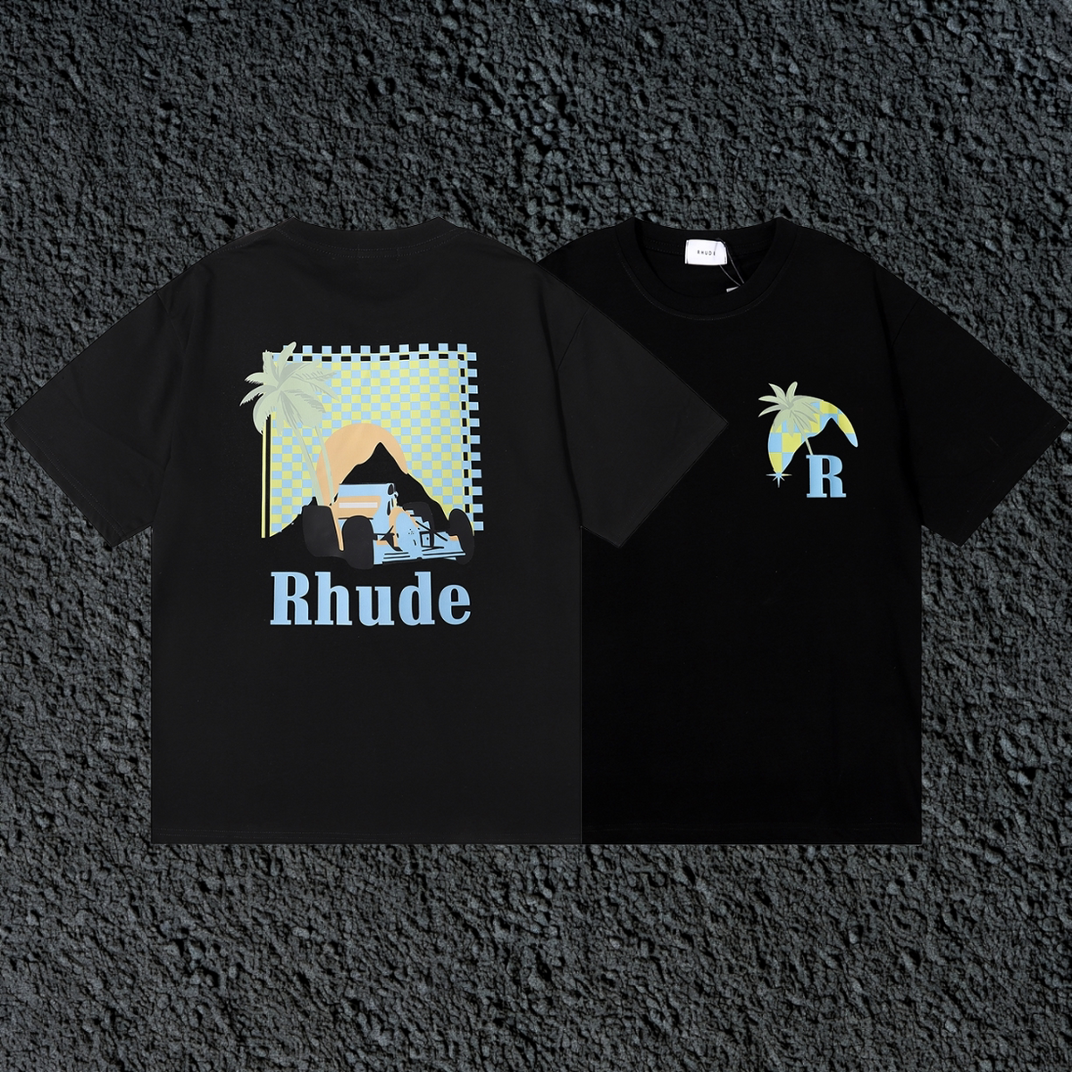 Rhude F1 Race Car Mountain Dual Sided Black Oversized T‑Shirt