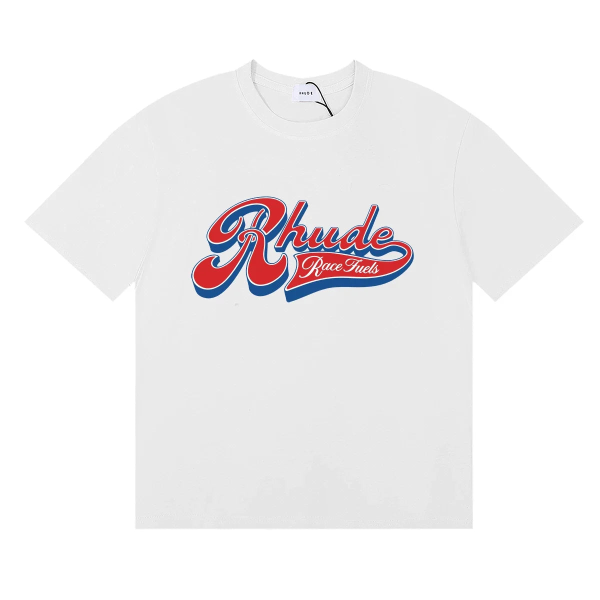 Rhude Retro Script Race Trust Logo White Oversized T‑Shirt