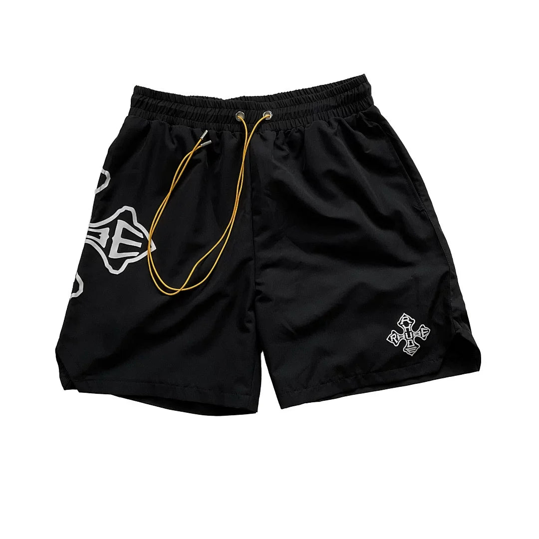 RHUDE Cross Graphic Black Nylon Street Shorts