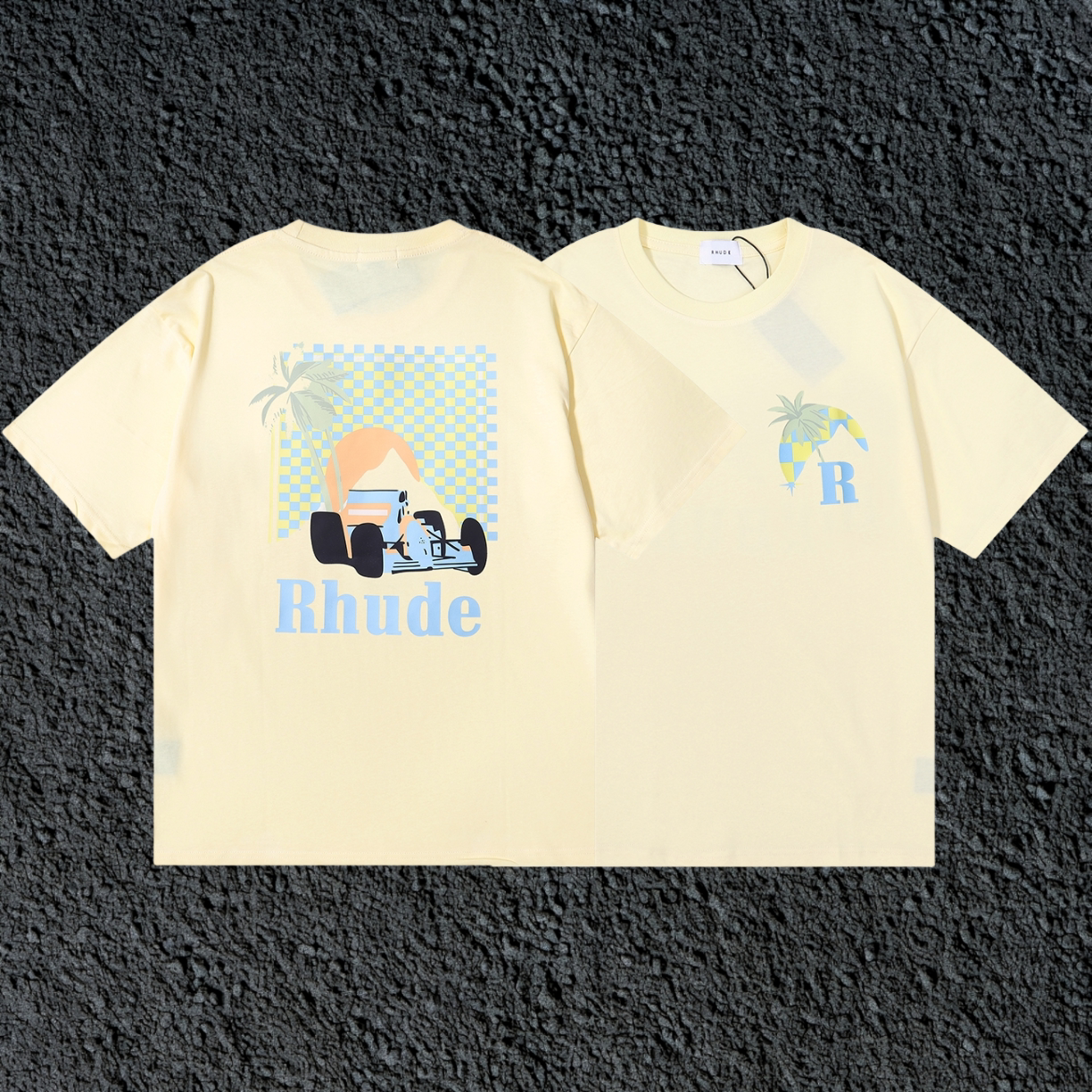 Rhude F1 Race Car Mountain Dual Sided Cream Oversized T‑Shirt