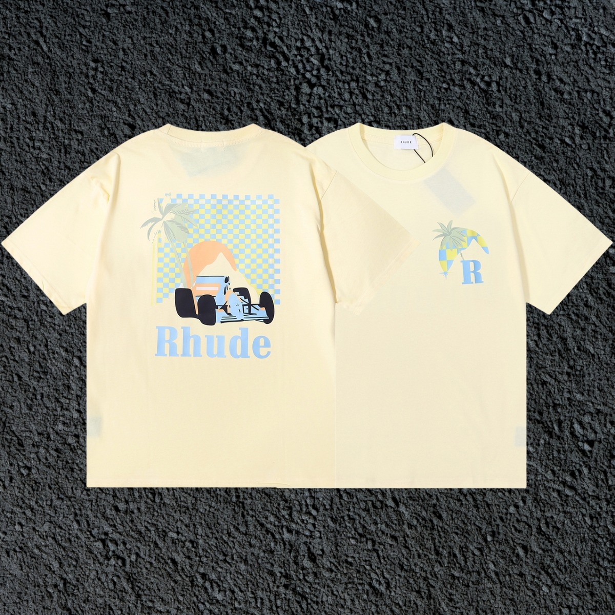 Rhude F1 Race Car Mountain Dual Sided Cream Oversized T‑Shirt