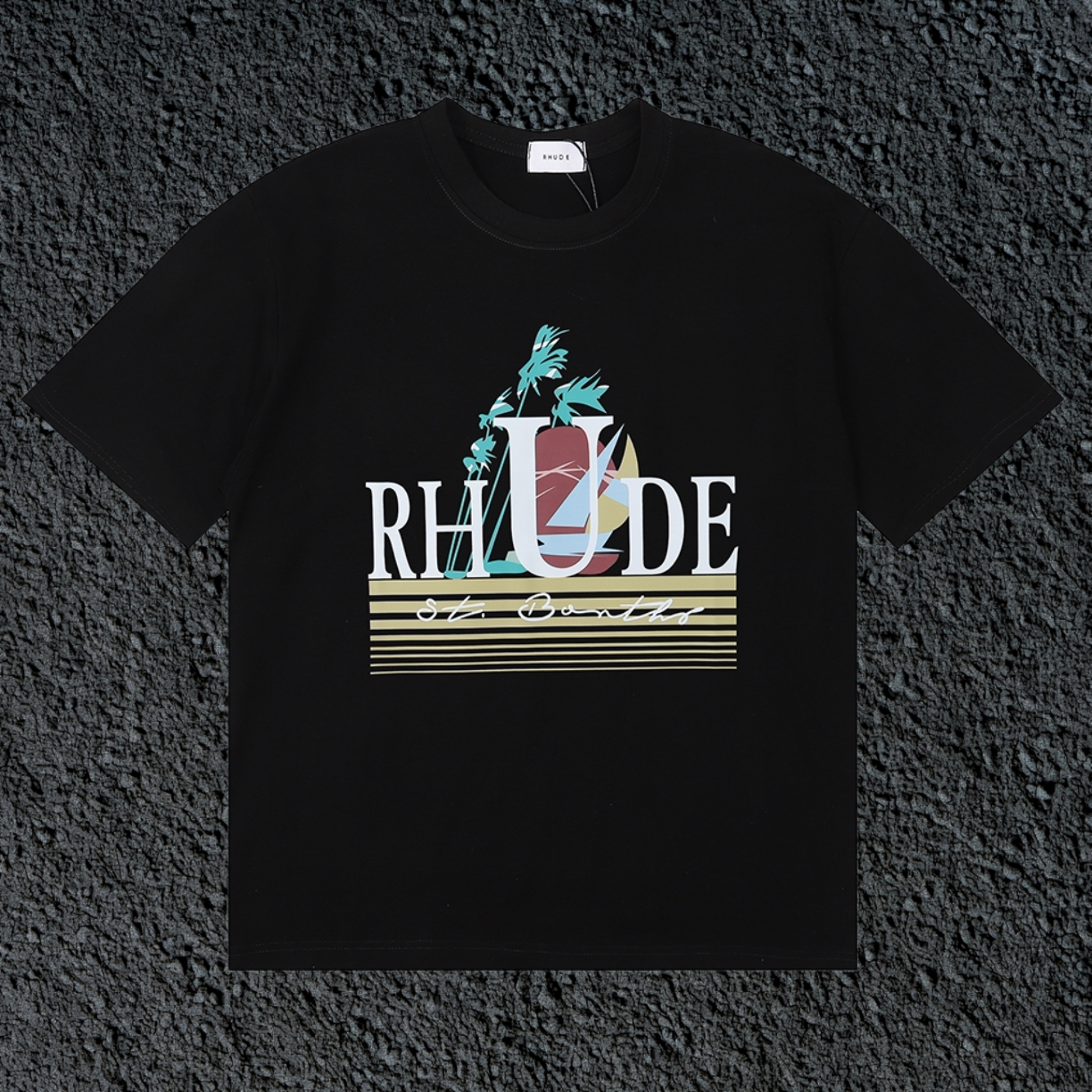 Rhude Palm Retro Striped Logo Black Oversized T‑Shirt