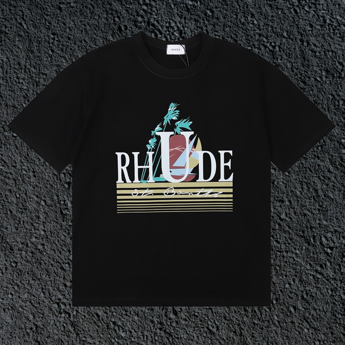 Rhude Palm Retro Striped Logo Black Oversized T‑Shirt