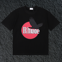 Rhude Red Circle Crow Logo Black Oversized T‑Shirt