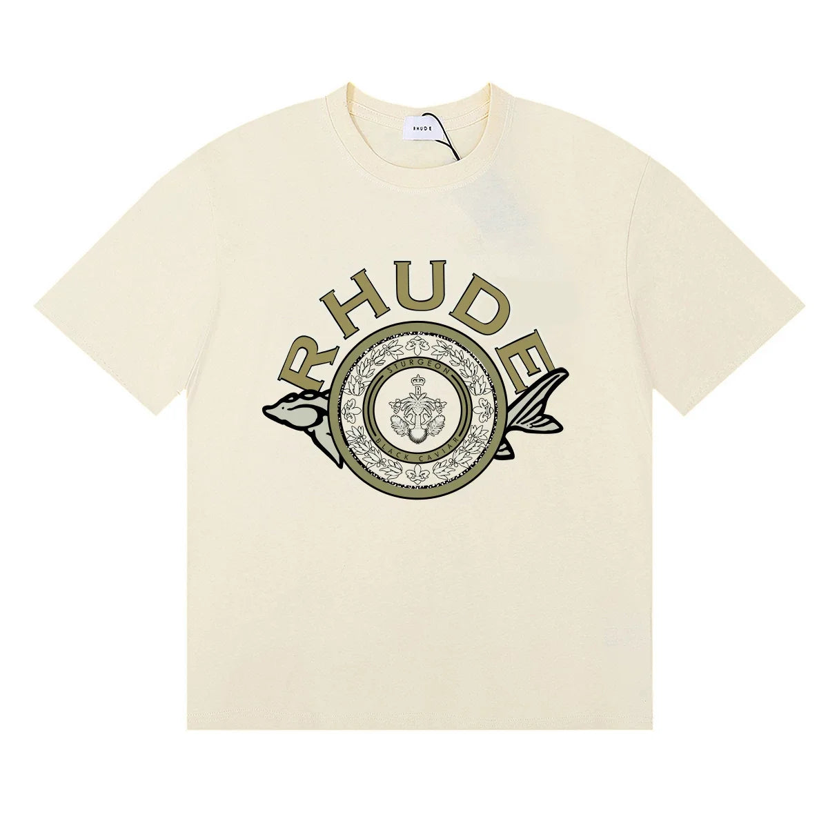Rhude Ornate Crest Circular Emblem Vintage Cream Oversized T‑Shirt
