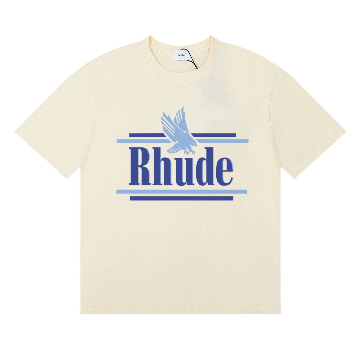 Rhude Eagle Graphic Blue Logo Cream Oversized T‑Shirt