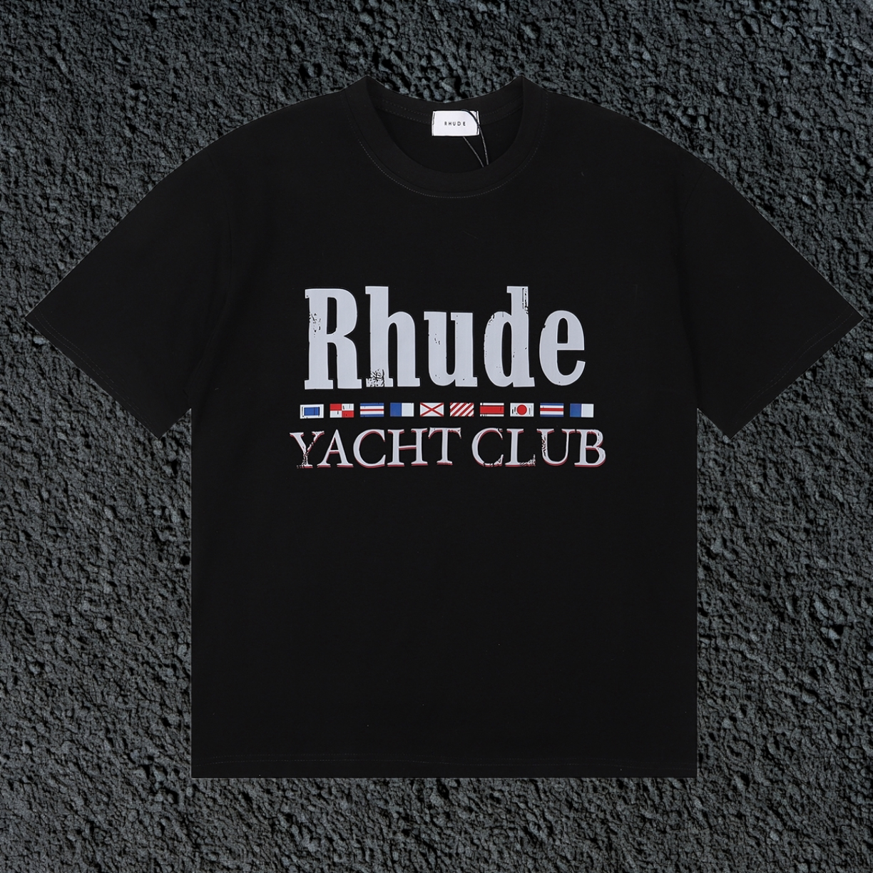 Rhude Yacht Club International Flag Badge Vintage Black Oversized T‑Shirt