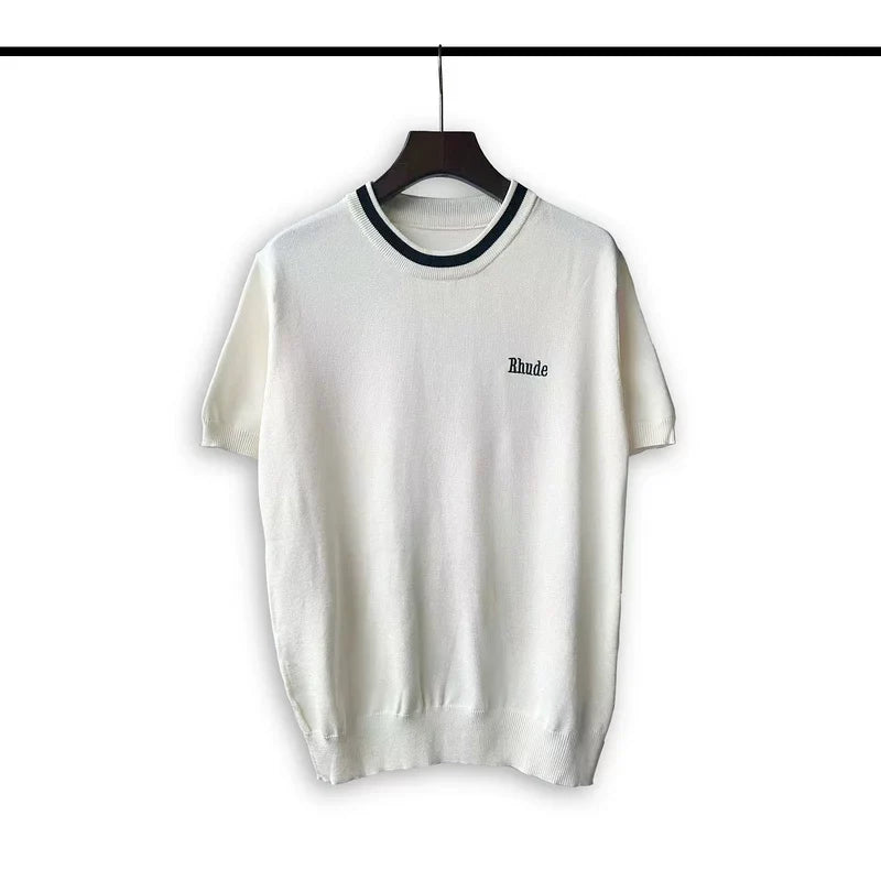 Rhude Men Chest Embroidered Logo Boxy Fit Knit Streetwear Top