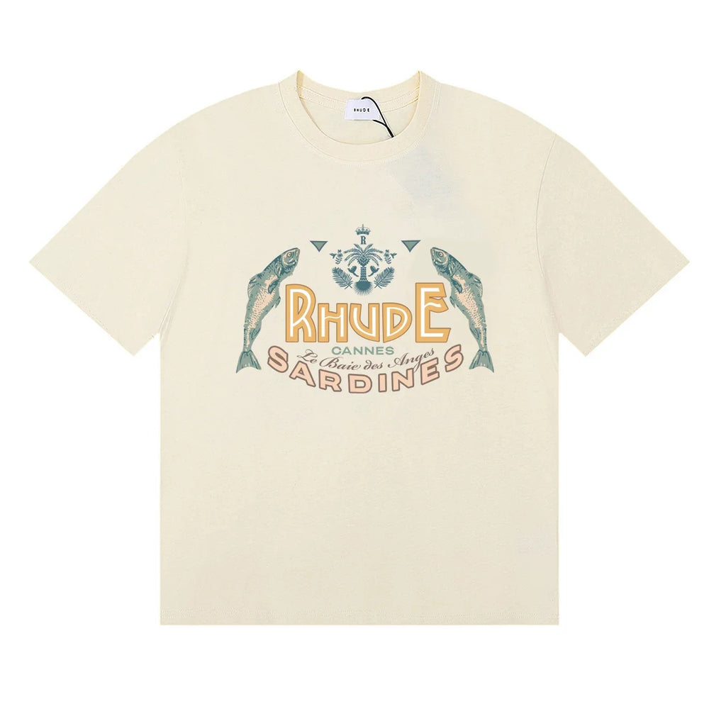 Rhude Cannes Sardines Fish Retro Nautical Cream Oversized T‑Shirt