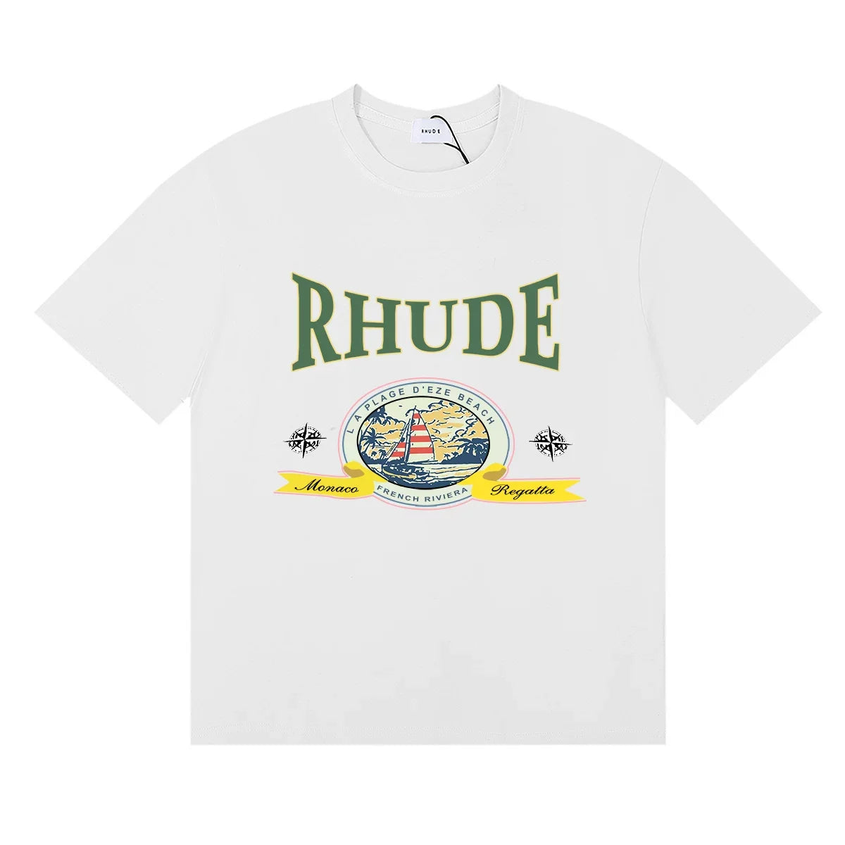 Rhude Retro Globe Badge Green Letter White Oversized T‑Shirt