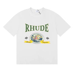 Rhude Retro Globe Badge Green Letter White Oversized T‑Shirt