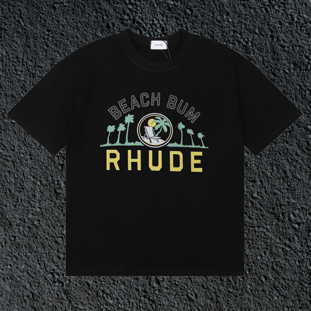 Rhude Beach Bum Palm Beach Retro Varsity Black Oversized T‑Shirt