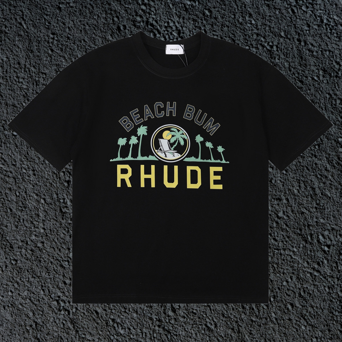 Rhude Beach Bum Palm Beach Retro Varsity Black Oversized T‑Shirt