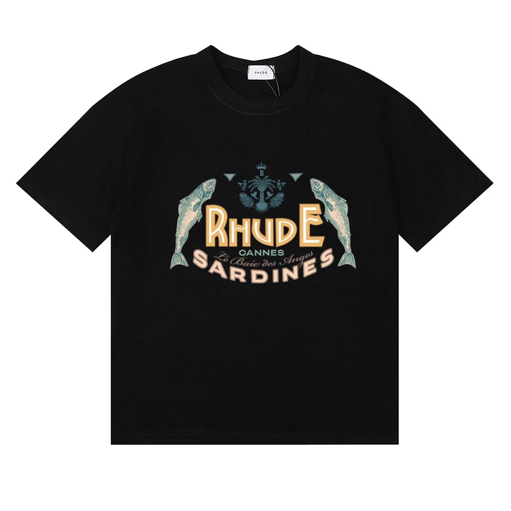 Rhude Cannes Sardines Fish Retro Nautical Black Oversized T‑Shirt