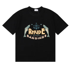 Rhude Cannes Sardines Fish Retro Nautical Black Oversized T‑Shirt