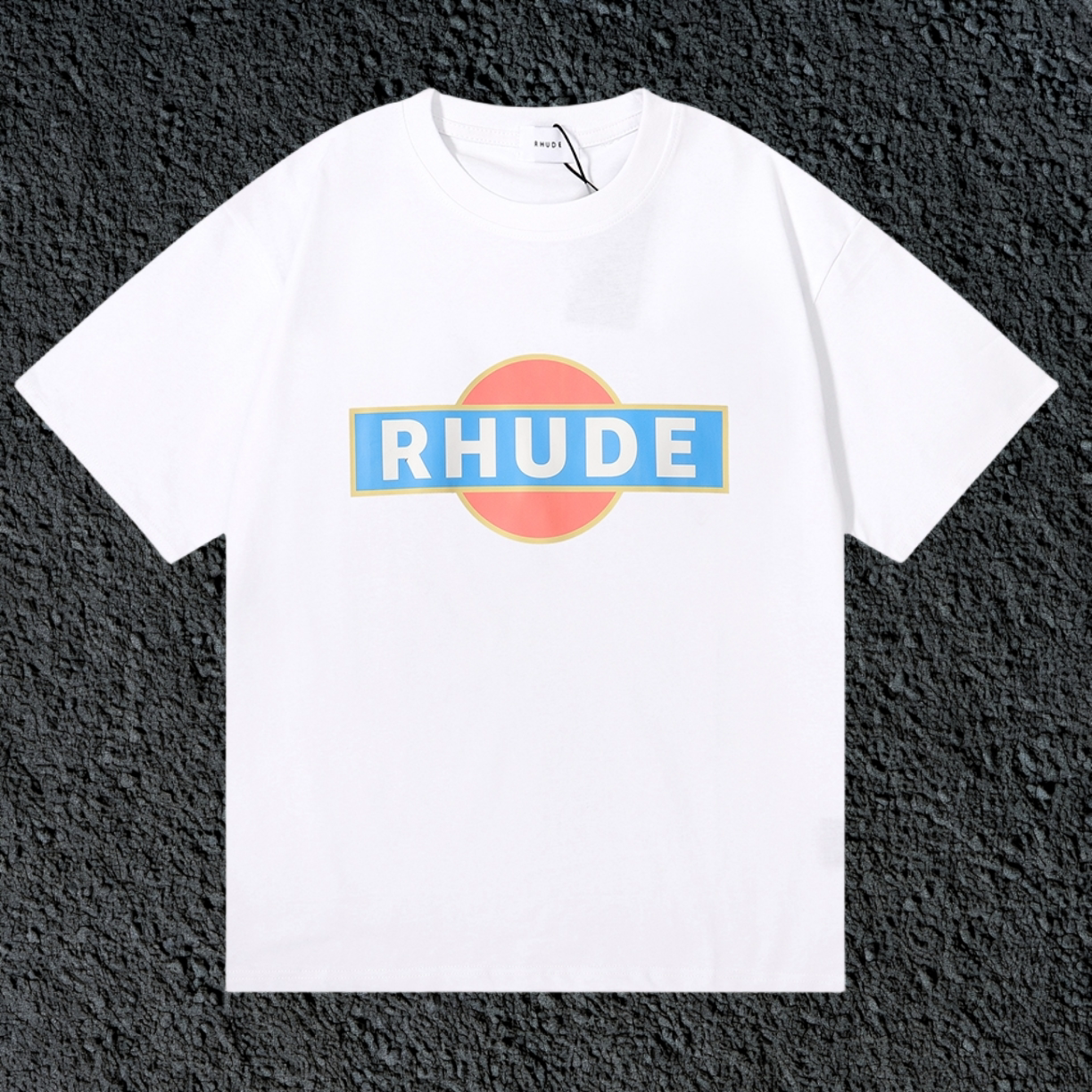 Rhude Retro Circle Box Logo White Oversized T‑Shirt