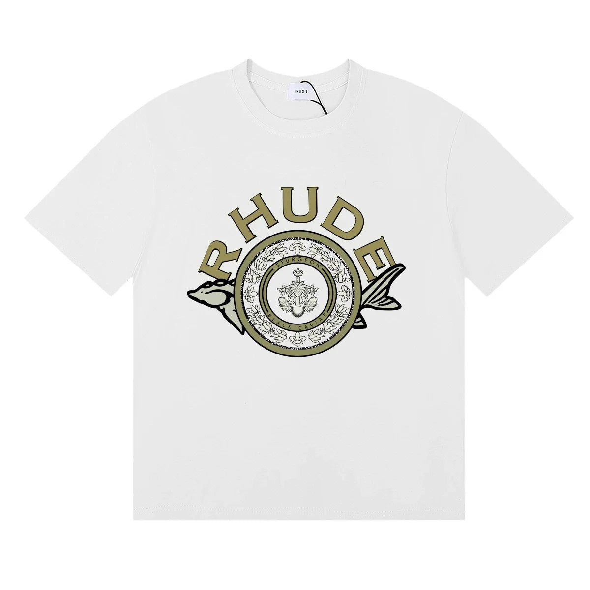 Rhude Ornate Crest Circular Emblem Vintage White Oversized T‑Shirt