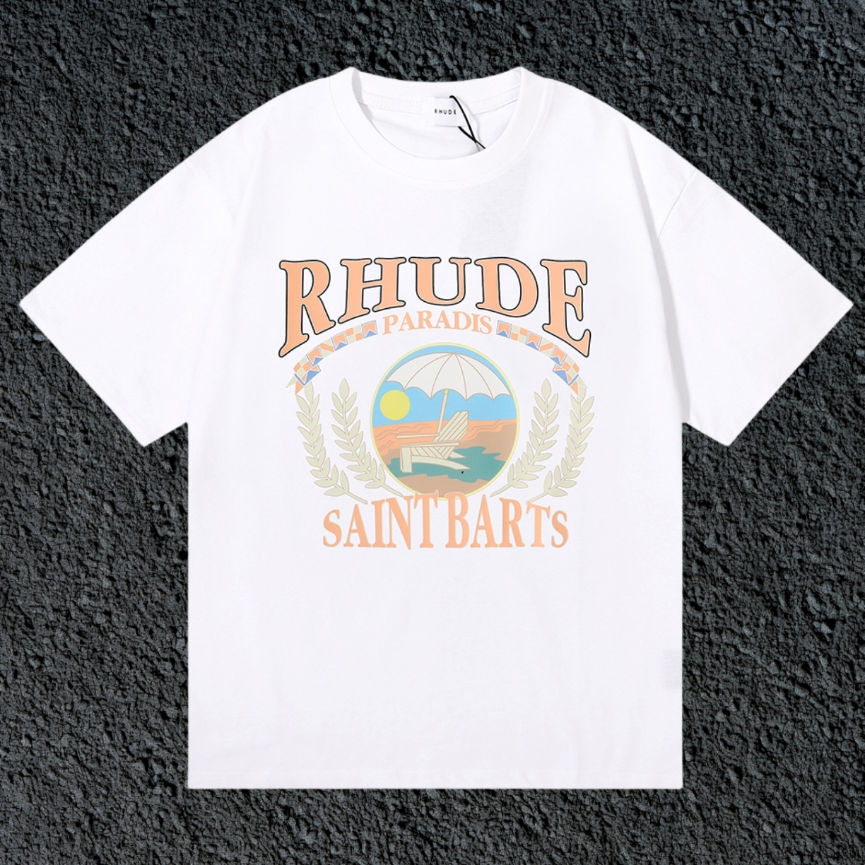 Rhude Saint Barts Paradise Laurel Crest White Oversized T‑Shirt