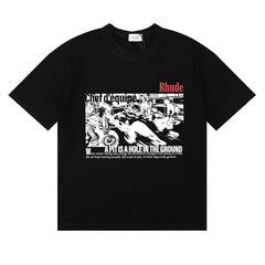 Rhude Black‑White Comic Motif Red Logo Black Oversized T‑Shirt