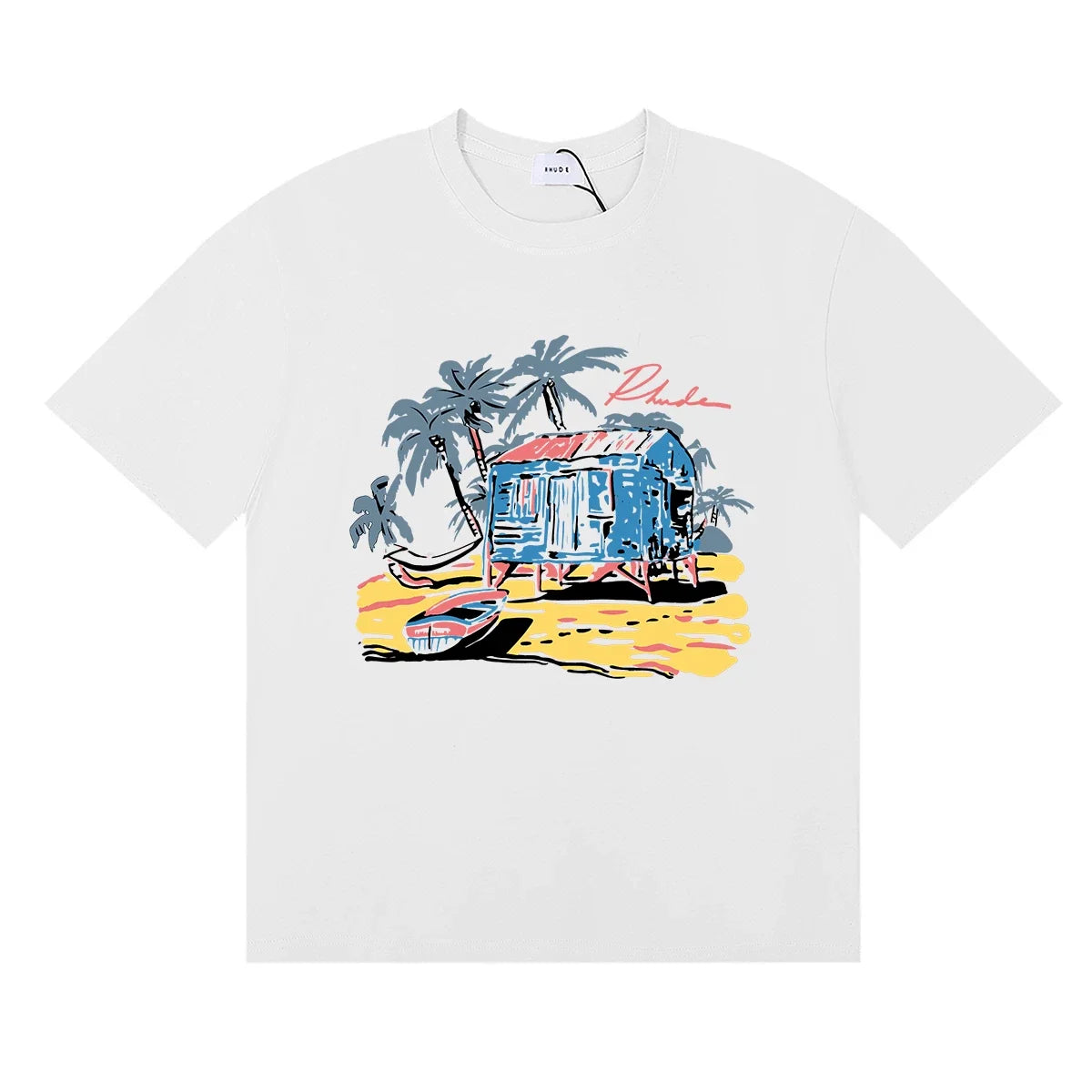 Rhude Tropical Beach Hut Palm Tree Retro White Oversized T‑Shirt