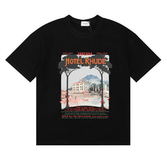 Rhude Hotel Rhude Mediterranean Scenic Print Black Oversized T‑Shirt