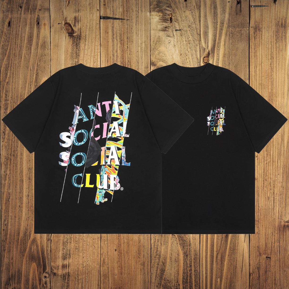 ASSC Black Tee – Multicolor Collage Print