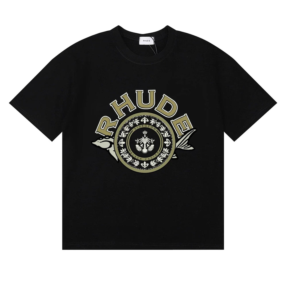 Rhude Ornate Crest Circular Emblem Vintage Black Oversized T‑Shirt