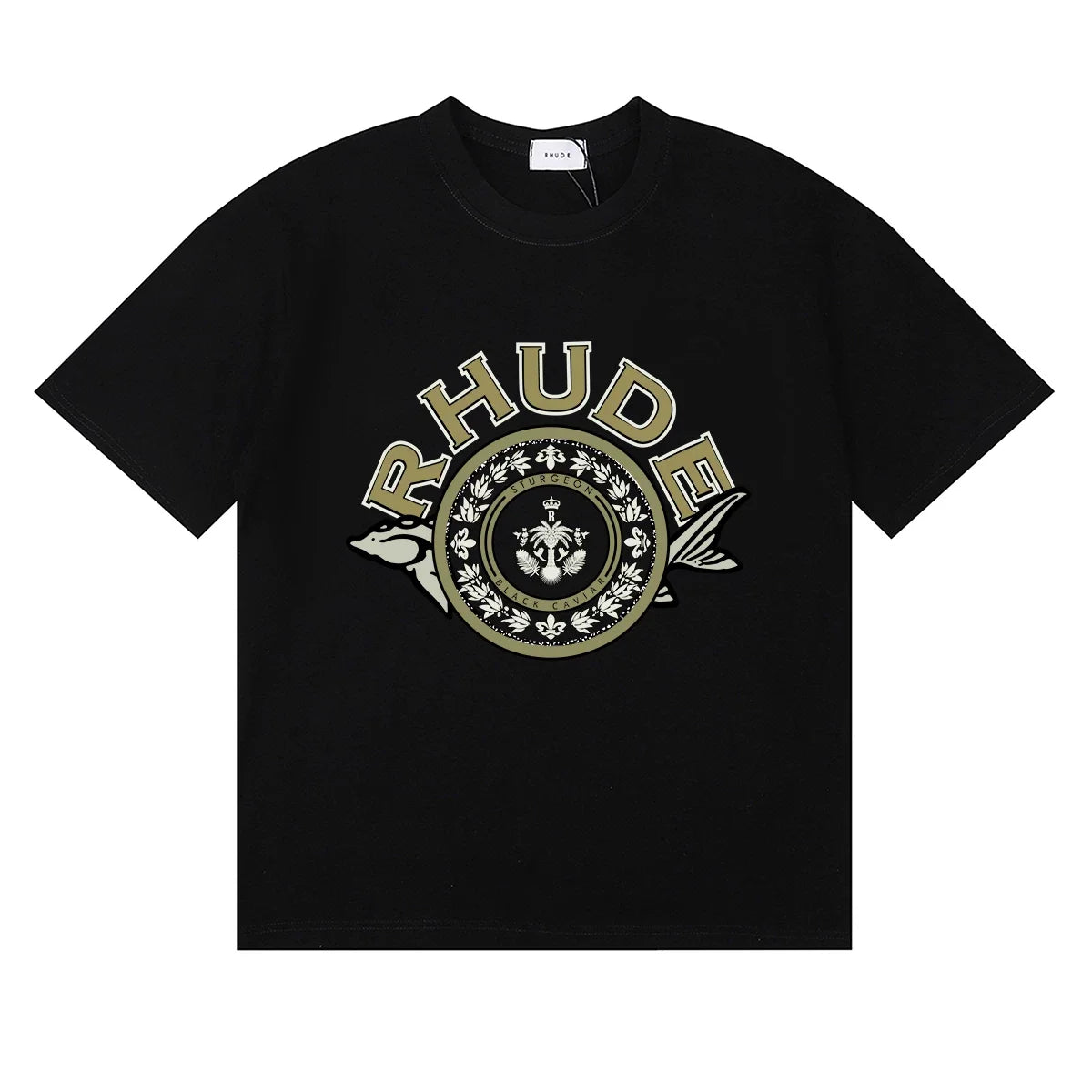 Rhude Ornate Crest Circular Emblem Vintage Black Oversized T‑Shirt