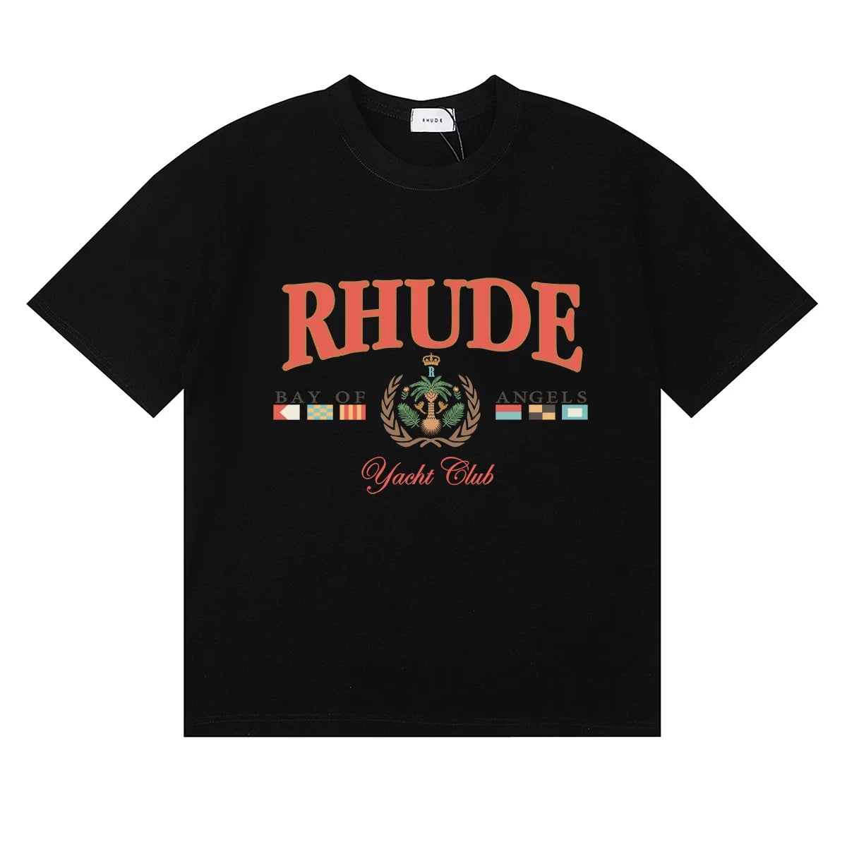 Rhude Yacht Club Bay Of Angels Flag Crest Vintage Black Oversized T‑Shirt
