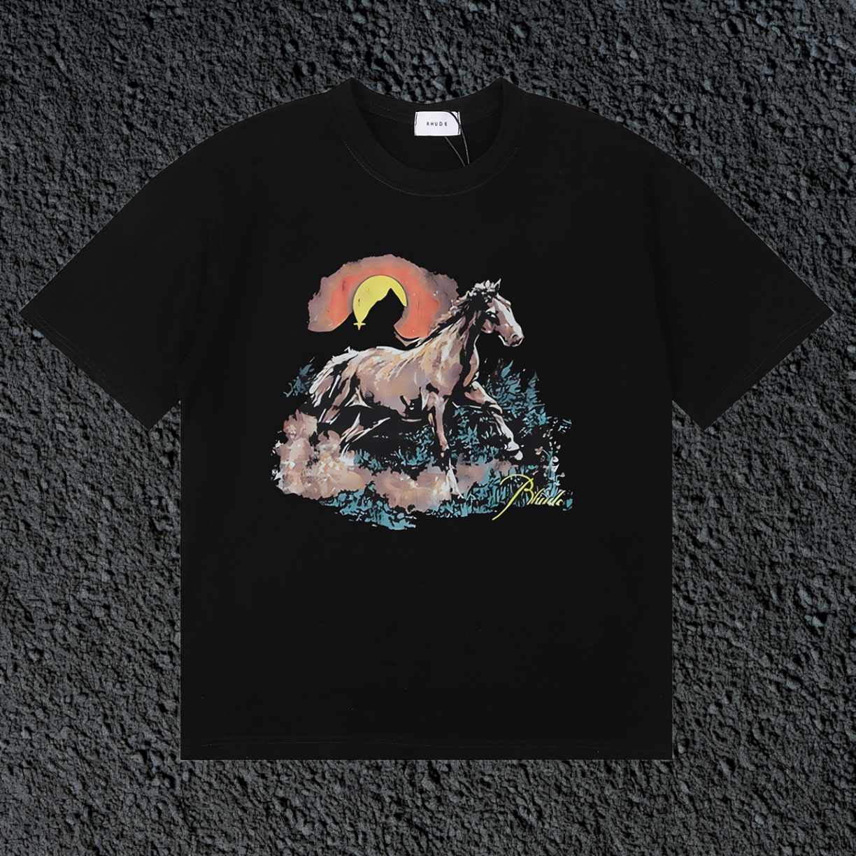 Rhude Wild Horse Sunset Western Landscape Black Oversized T‑Shirt