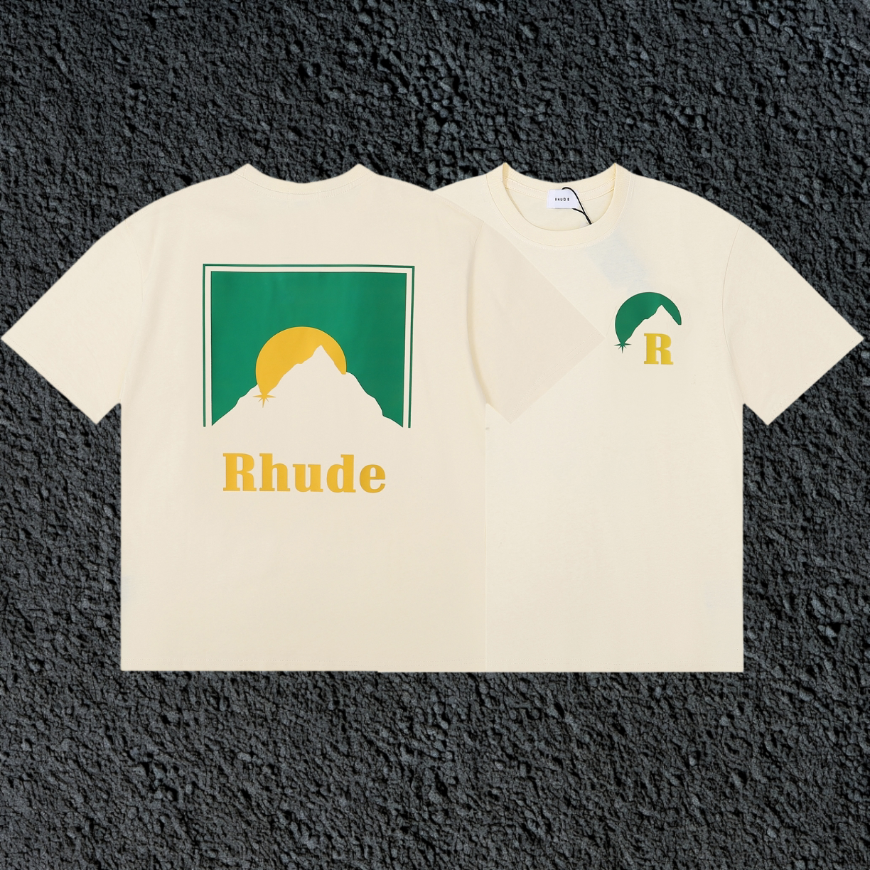 Rhude Sun Mountain Dual Sided Front Chest Back Panel Cream Oversized T‑Shirt