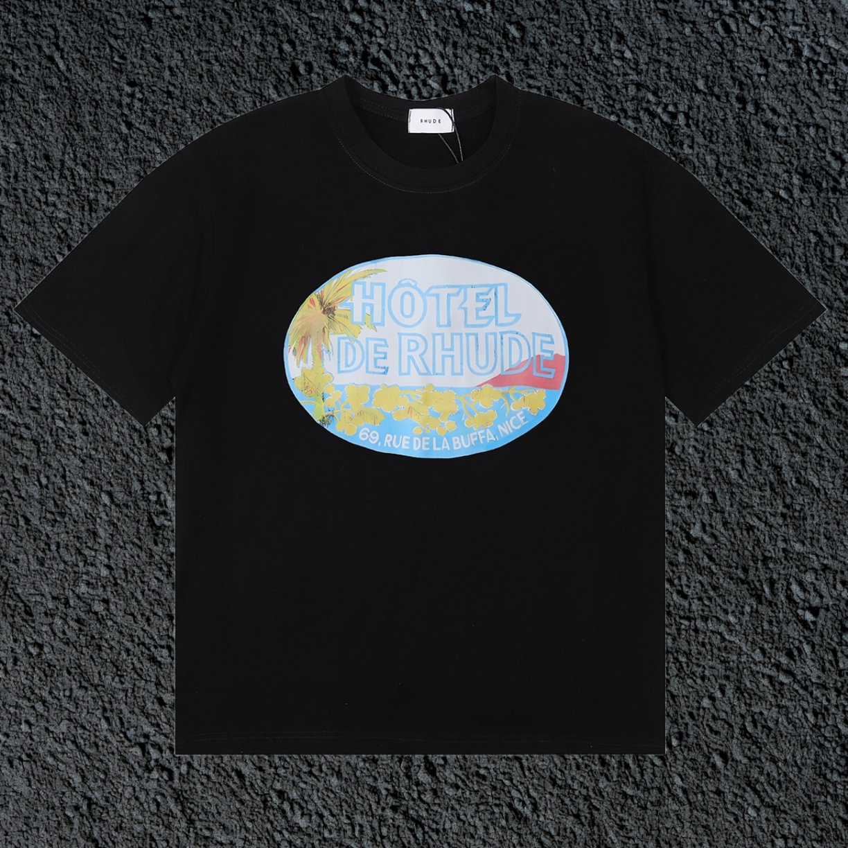 Rhude Hôtel De Rhude Vintage Hotel Badge Black Oversized T‑Shirt