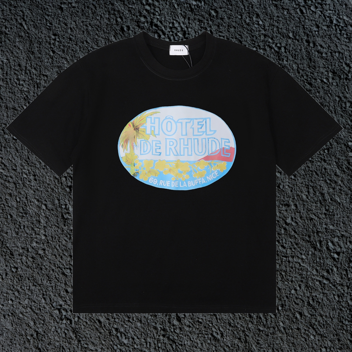 Rhude Hôtel De Rhude Vintage Hotel Badge Black Oversized T‑Shirt