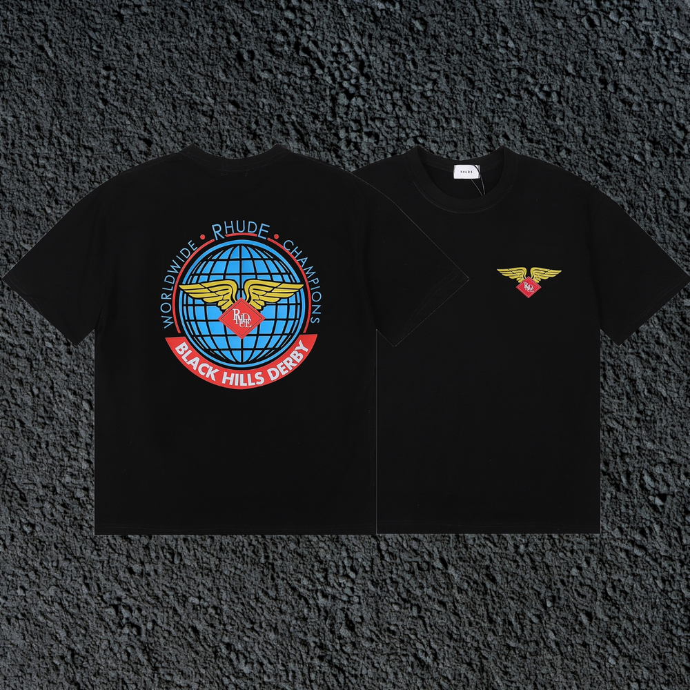 Rhude Black Hills Derby Globe Wing Back Print Black Oversized T‑Shirt