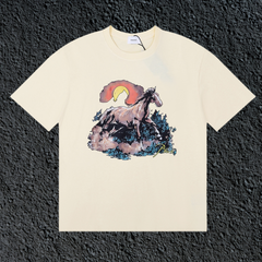 Rhude Wild Horse Sunset Western Landscape Cream Oversized T‑Shirt