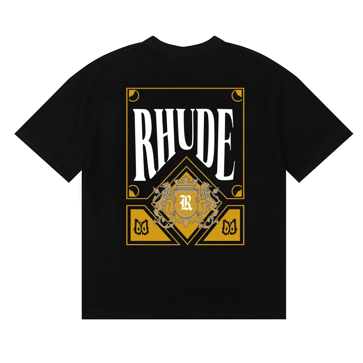 Rhude Golden Crest Ornate Frame Back Print Black Oversized T‑Shirt