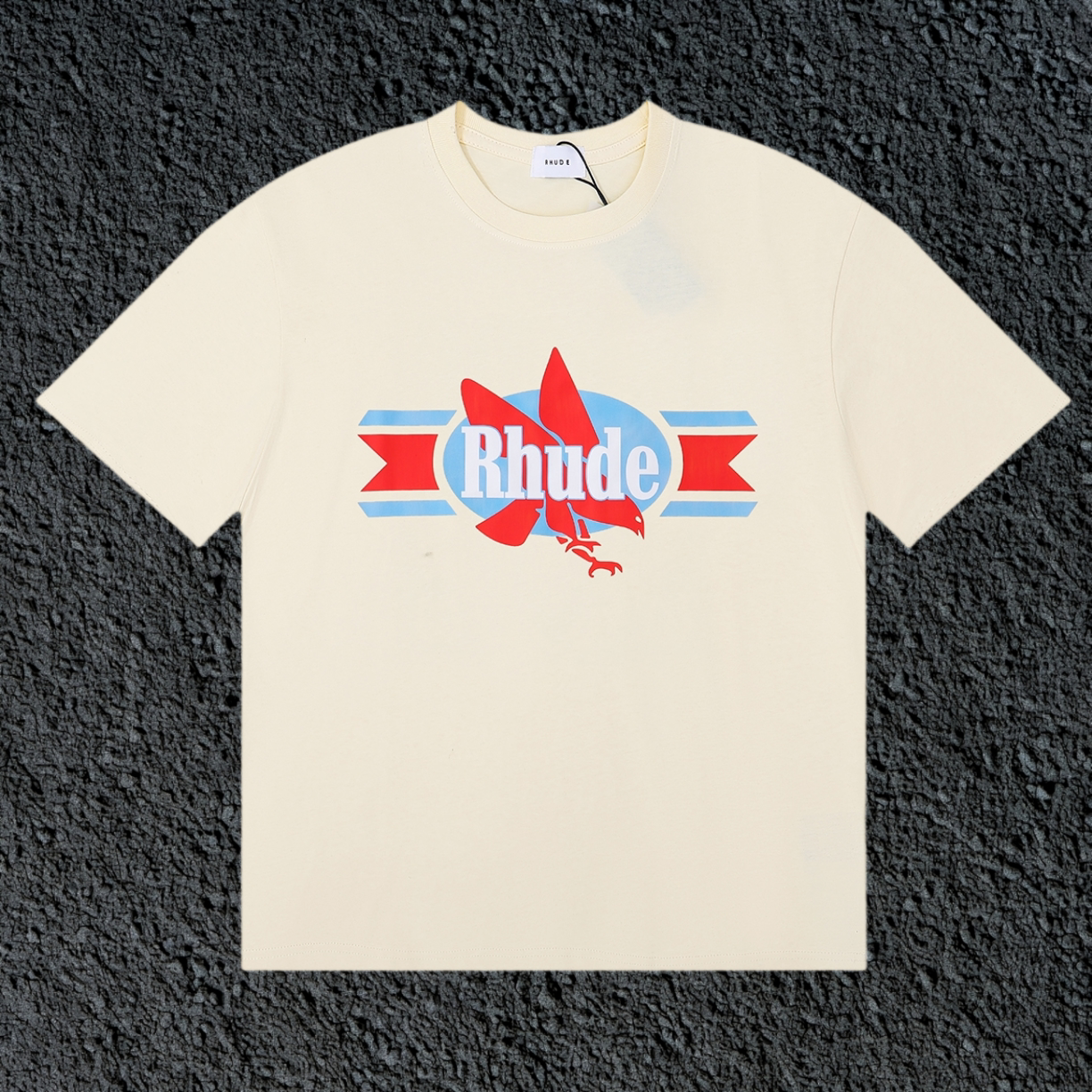 Rhude Red Maple Leaf Retro Ribbon Badge Cream Oversized T‑Shirt