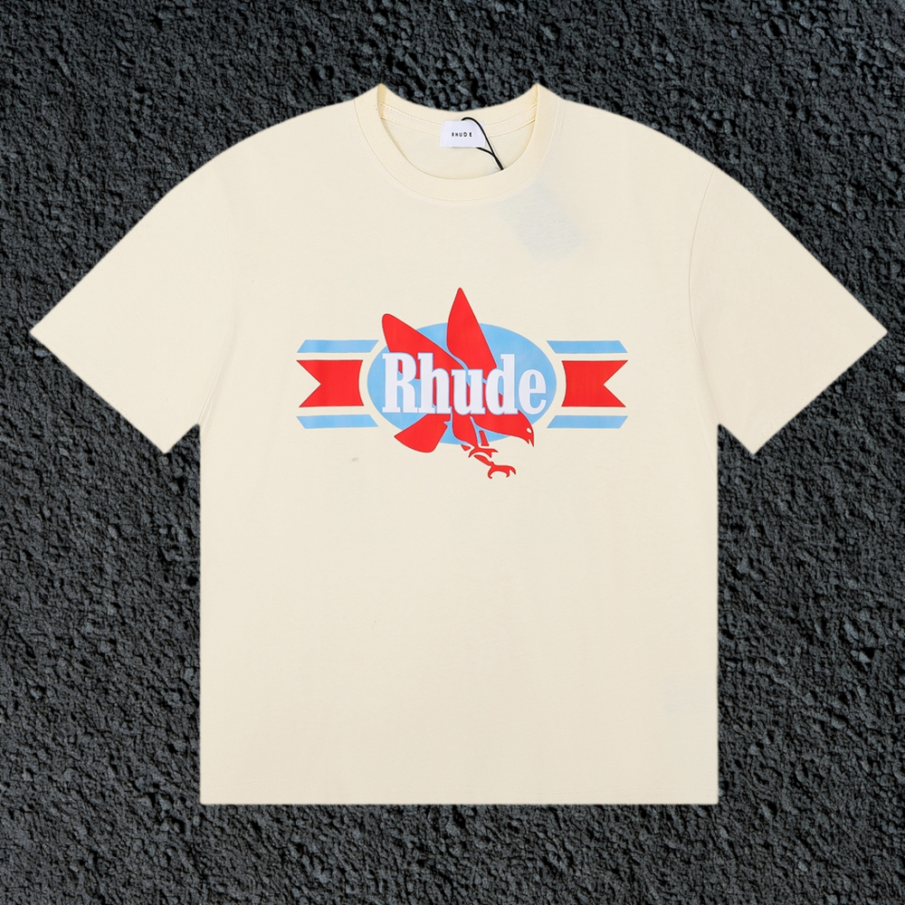 Rhude Red Maple Leaf Retro Ribbon Badge Cream Oversized T‑Shirt