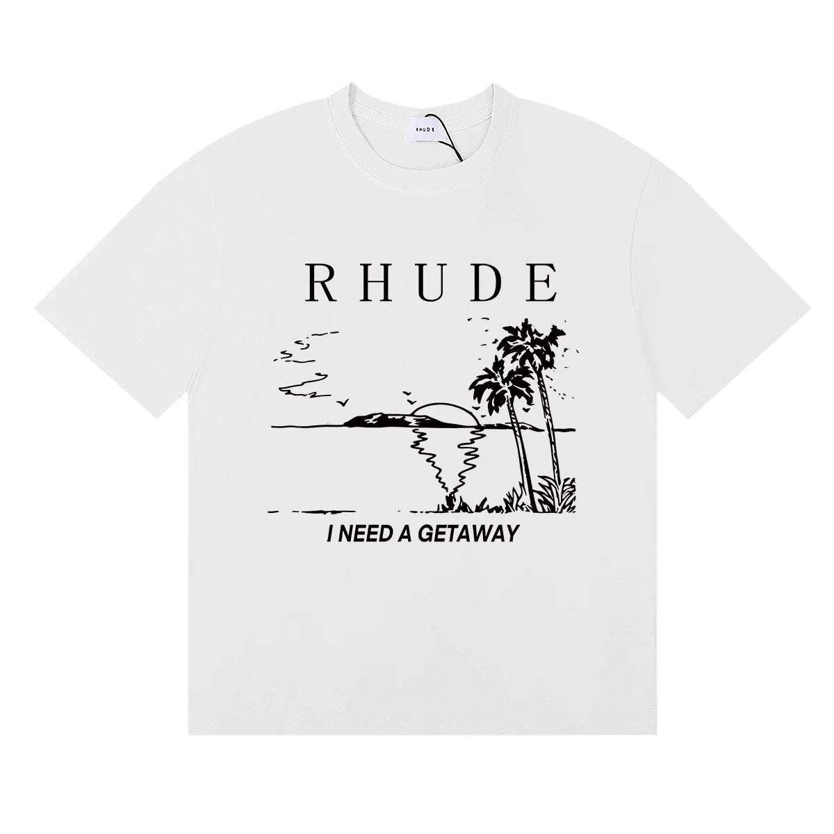 Rhude I Need A Getaway Beach Palm Tree Graphic White Oversized T‑Shirt ****