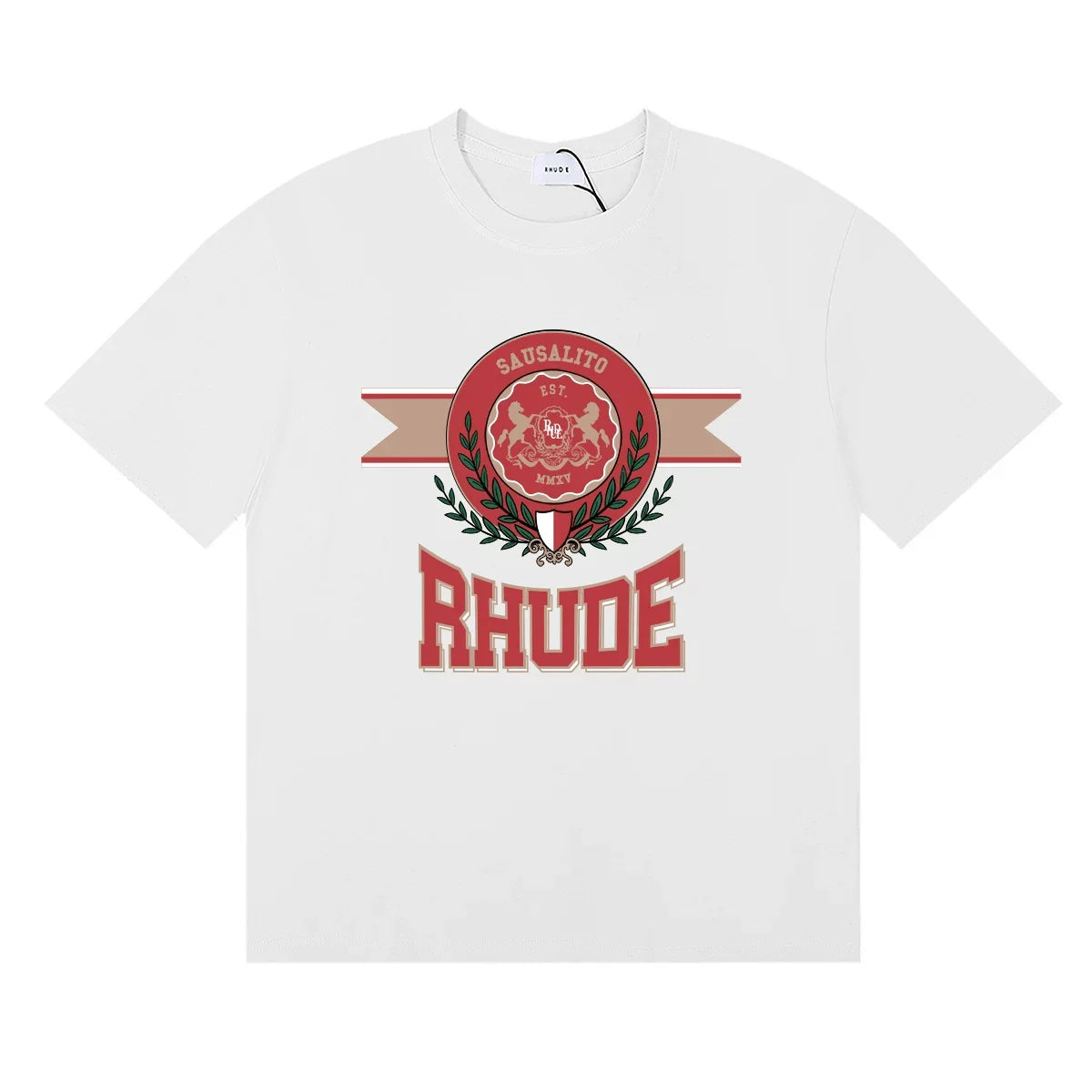 Rhude Cursive Logo Vintage Regatta Crew‑Neck Casual Short‑Sleeve Tee